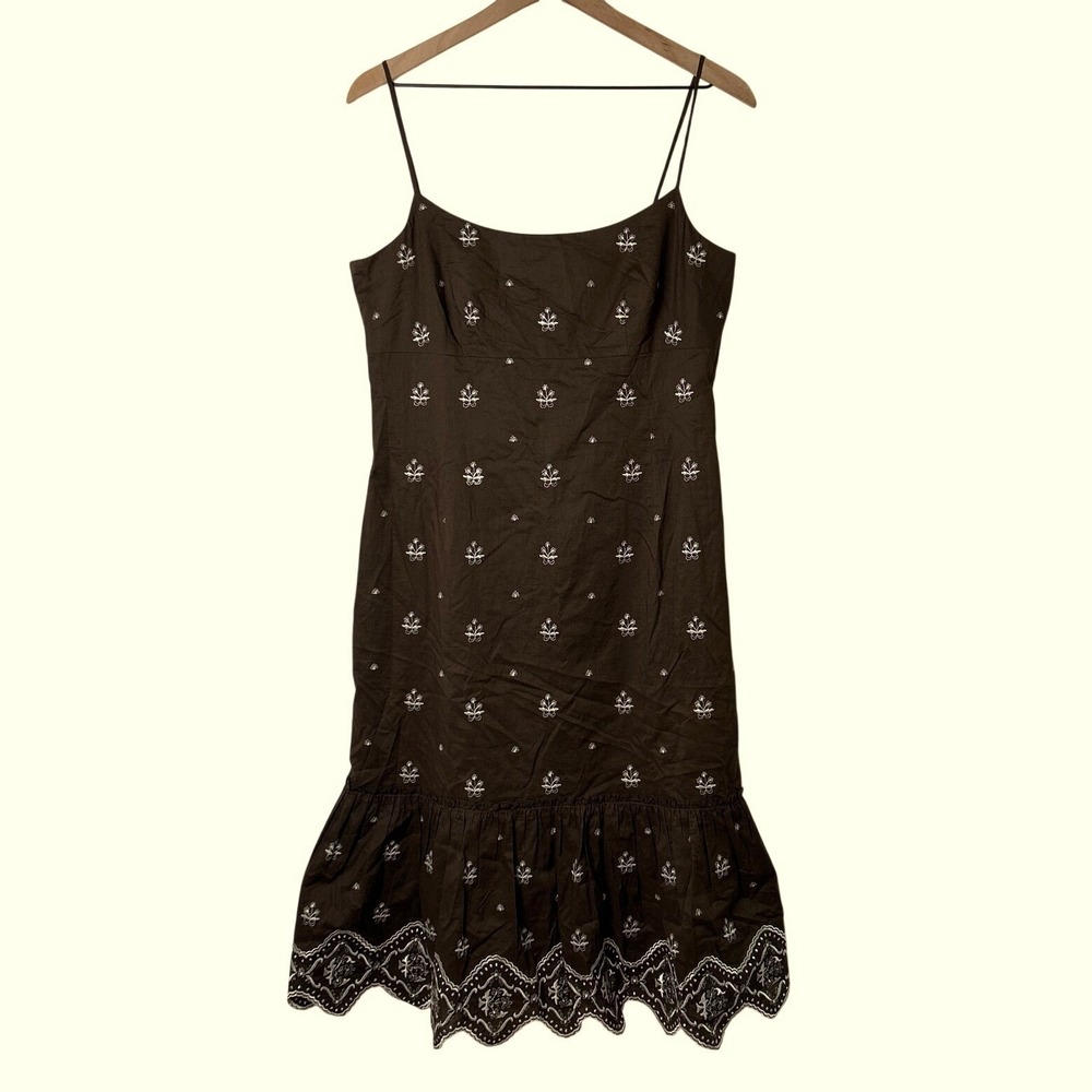 Ann Taylor Womens Embroidered Floral Ruffle Midi Dress Size 8 Brown Boho Praire
